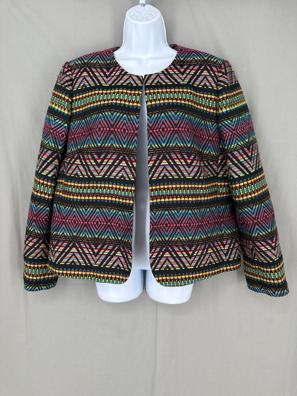 Y2K Vintage Jacket Women Large Black Colorful Western Aztec Boho Artsy Tapestry